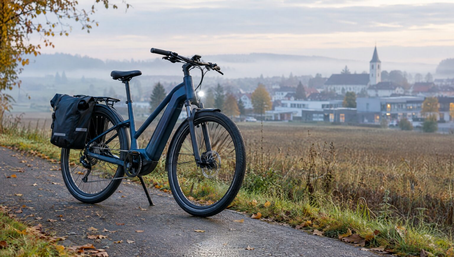 E-Bike als Dienstrad: Trekking-E-Bike mit Packtasche am Radweg im Herbstnebel, dahinter ein Ort mit Kirchturm