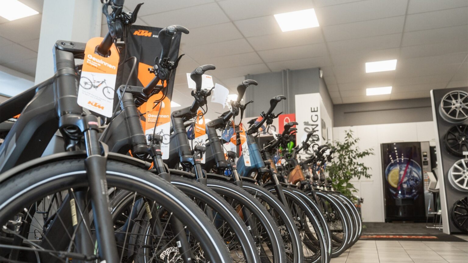 Fahrradgeschäft: E-Bikes und Fahrräder in einer Reihe im Schauraum einer Weichberger-Filiale, rechts Felgen an der Wand